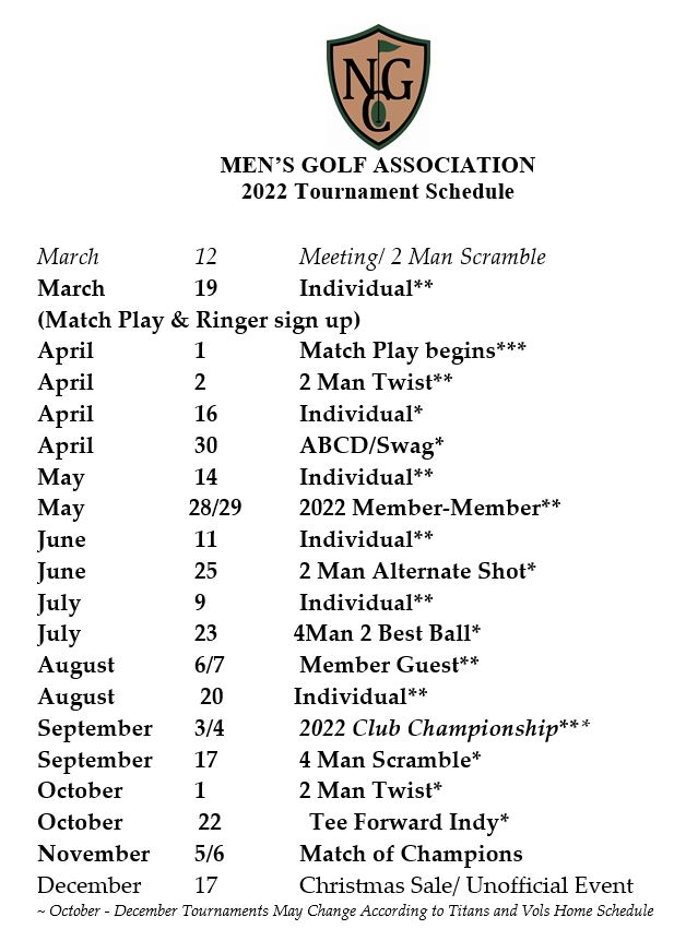 2022 MGA Schedule Nashboro Golf Club